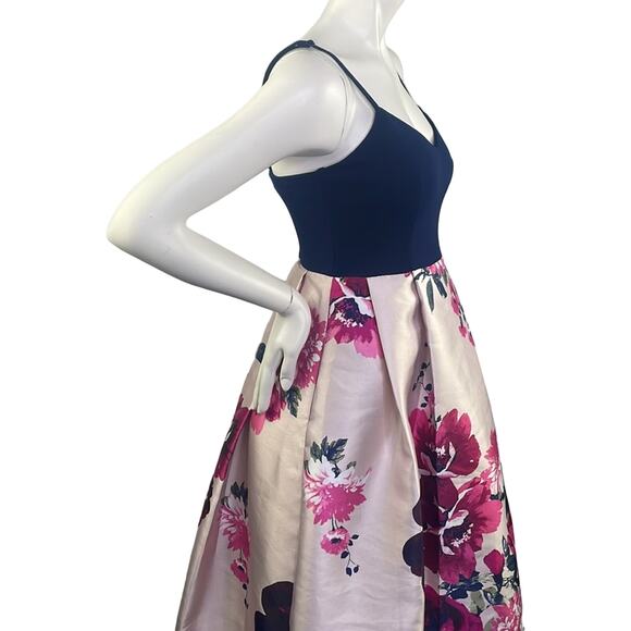 Nights By Teeze Me Strappy Velour Top Floral Bottom Gown Dress Navy Pinks 5/6 - Picture 14 of 16